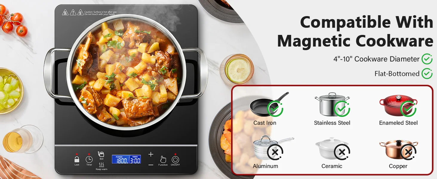 Portable Induction Cooktop 1800W, 20 Modes, 3H Timer, Touch Control, Child Lock, Auto Shut-off, ETL Certified