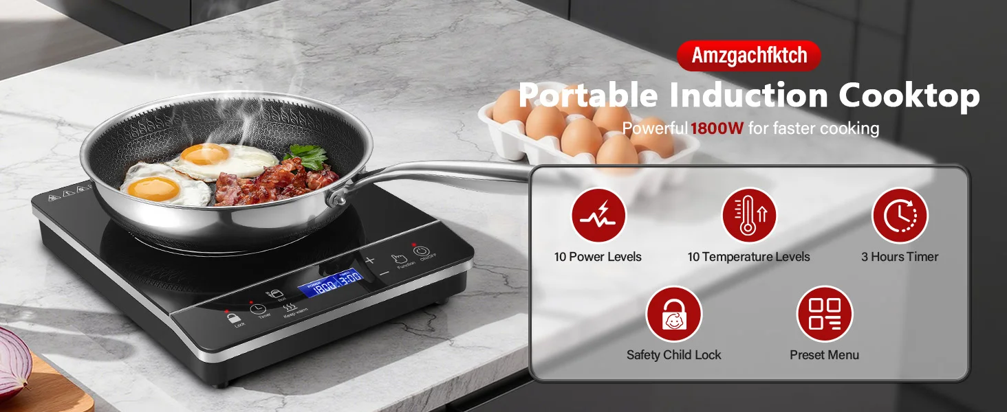 Portable Induction Cooktop 1800W, 20 Modes, 3H Timer, Touch Control, Child Lock, Auto Shut-off, ETL Certified
