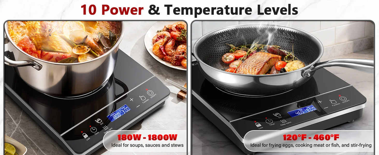 Portable Induction Cooktop 1800W, 20 Modes, 3H Timer, Touch Control, Child Lock, Auto Shut-off, ETL Certified