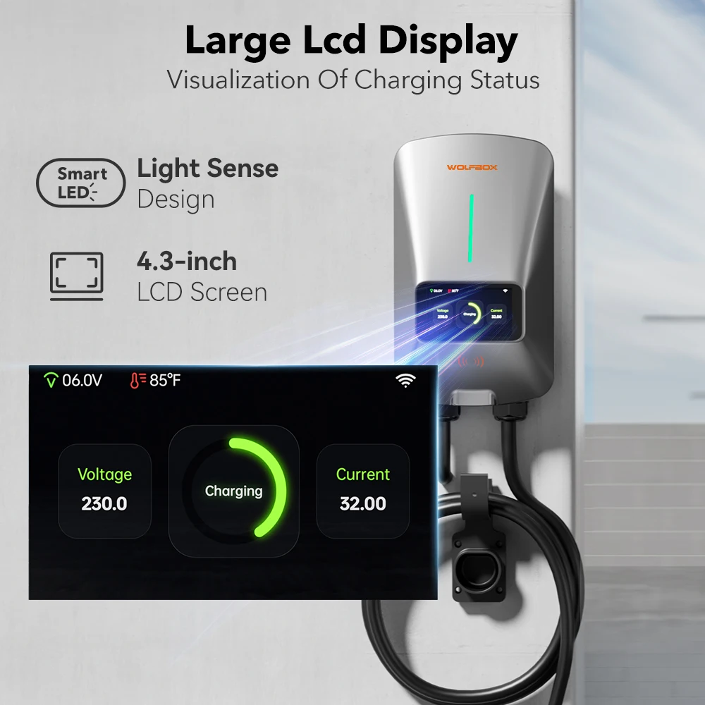 WOLFBOX EV Charging Station Type 2 22KW 32A 1 Phase Electric Vehicle Car Charger Wallbox with LCD Screen APP Control RFID Card
