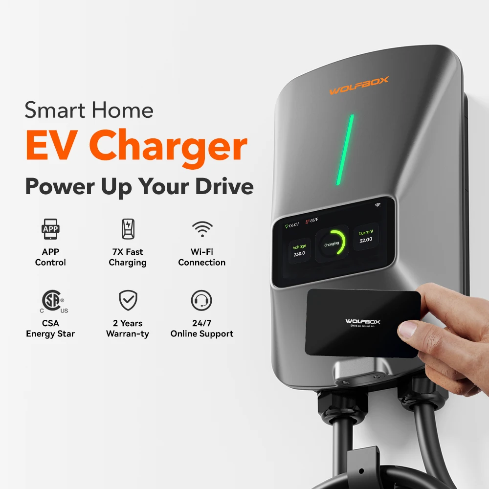 WOLFBOX EV Charging Station Type 2 22KW 32A 1 Phase Electric Vehicle Car Charger Wallbox with LCD Screen APP Control RFID Card