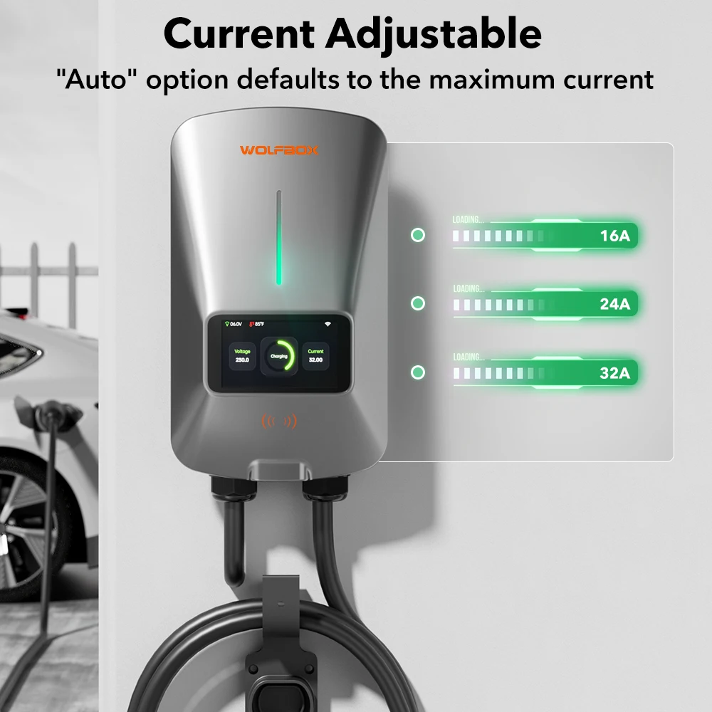 WOLFBOX EV Charging Station Type 2 22KW 32A 1 Phase Electric Vehicle Car Charger Wallbox with LCD Screen APP Control RFID Card