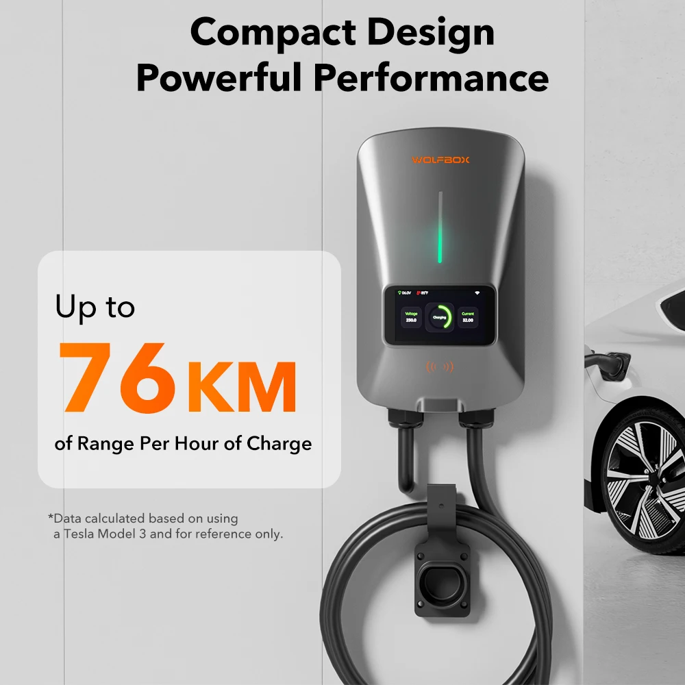 WOLFBOX EV Charging Station Type 2 22KW 32A 1 Phase Electric Vehicle Car Charger Wallbox with LCD Screen APP Control RFID Card