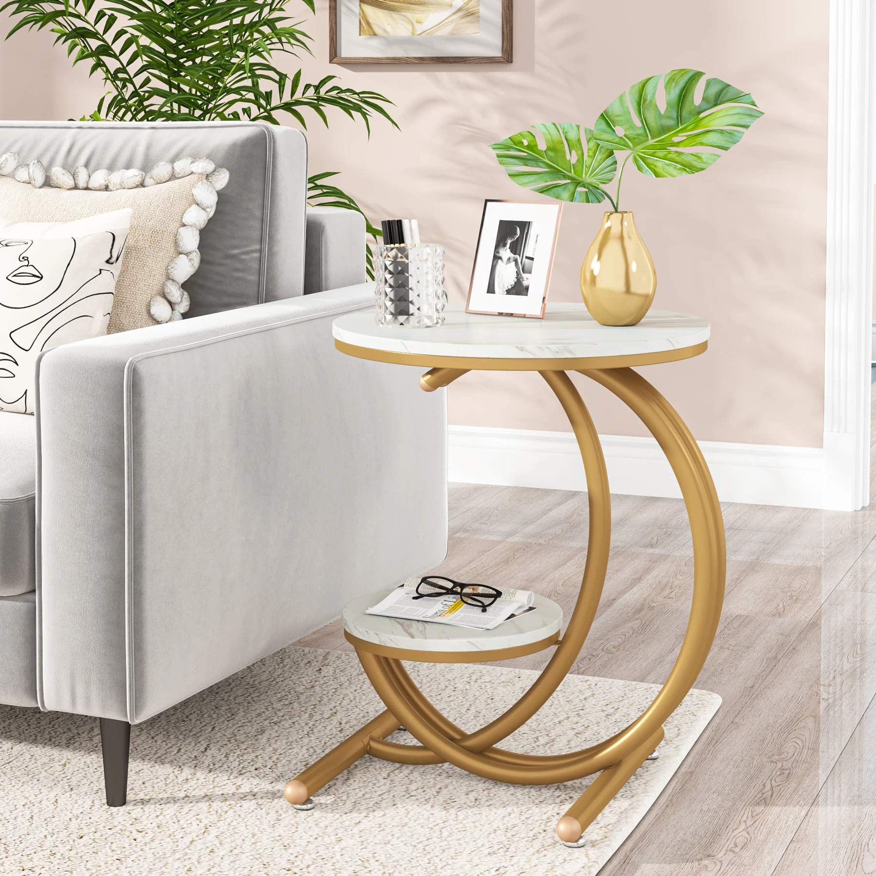 Tribesigns Faux Marble Side Table, 2-Tier Round End Table with Storage Shelf, Small Accent Table, Modern Nightstand Bedside Tabl