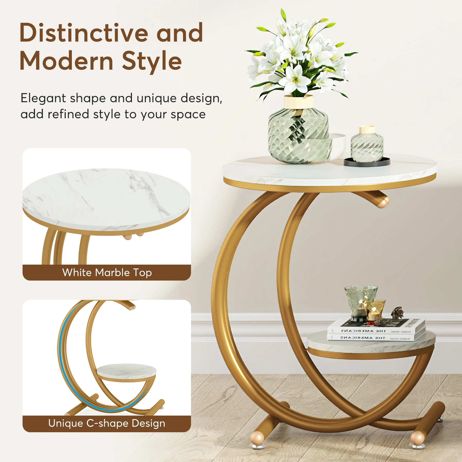 Tribesigns Faux Marble Side Table, 2-Tier Round End Table with Storage Shelf, Small Accent Table, Modern Nightstand Bedside Tabl