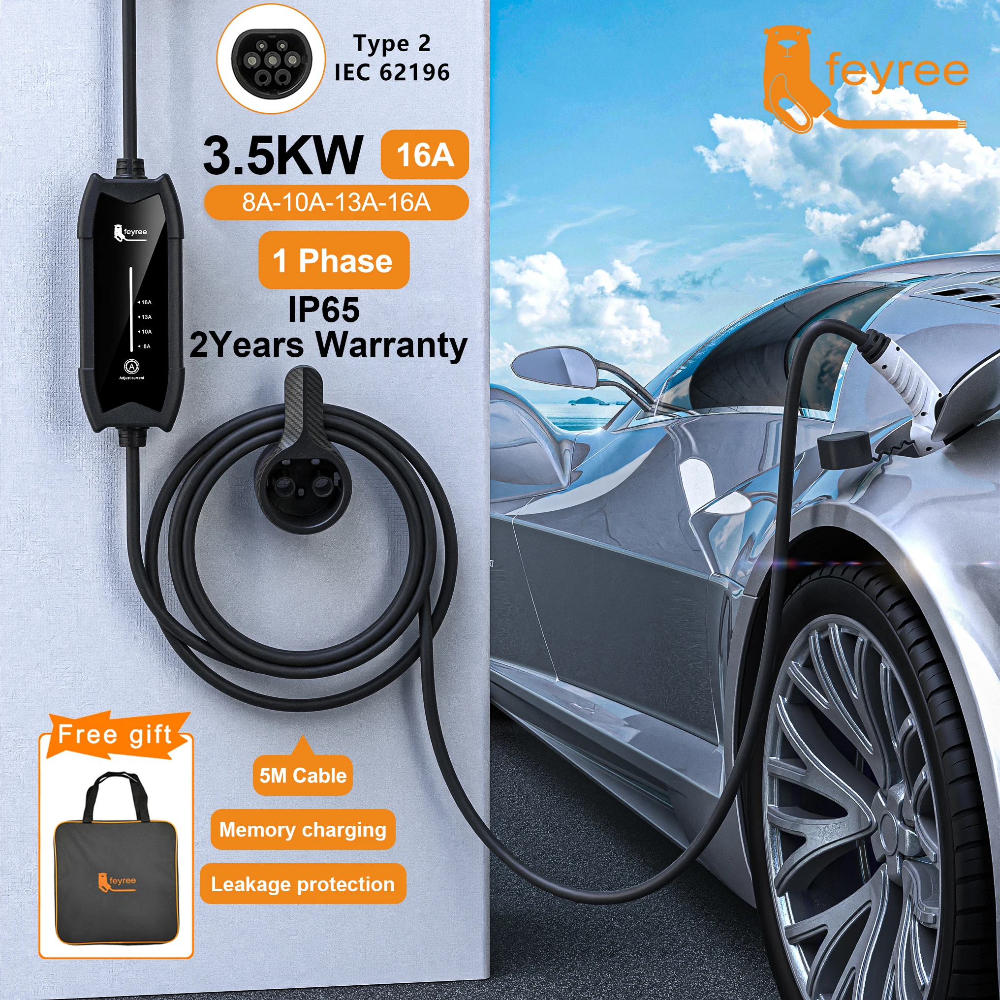Feyree Type2 3.5KW 16A 1Phase EV Charger Portable Charging Box Current Adjustable 5m Cable Charging Station for Electric Vehicle