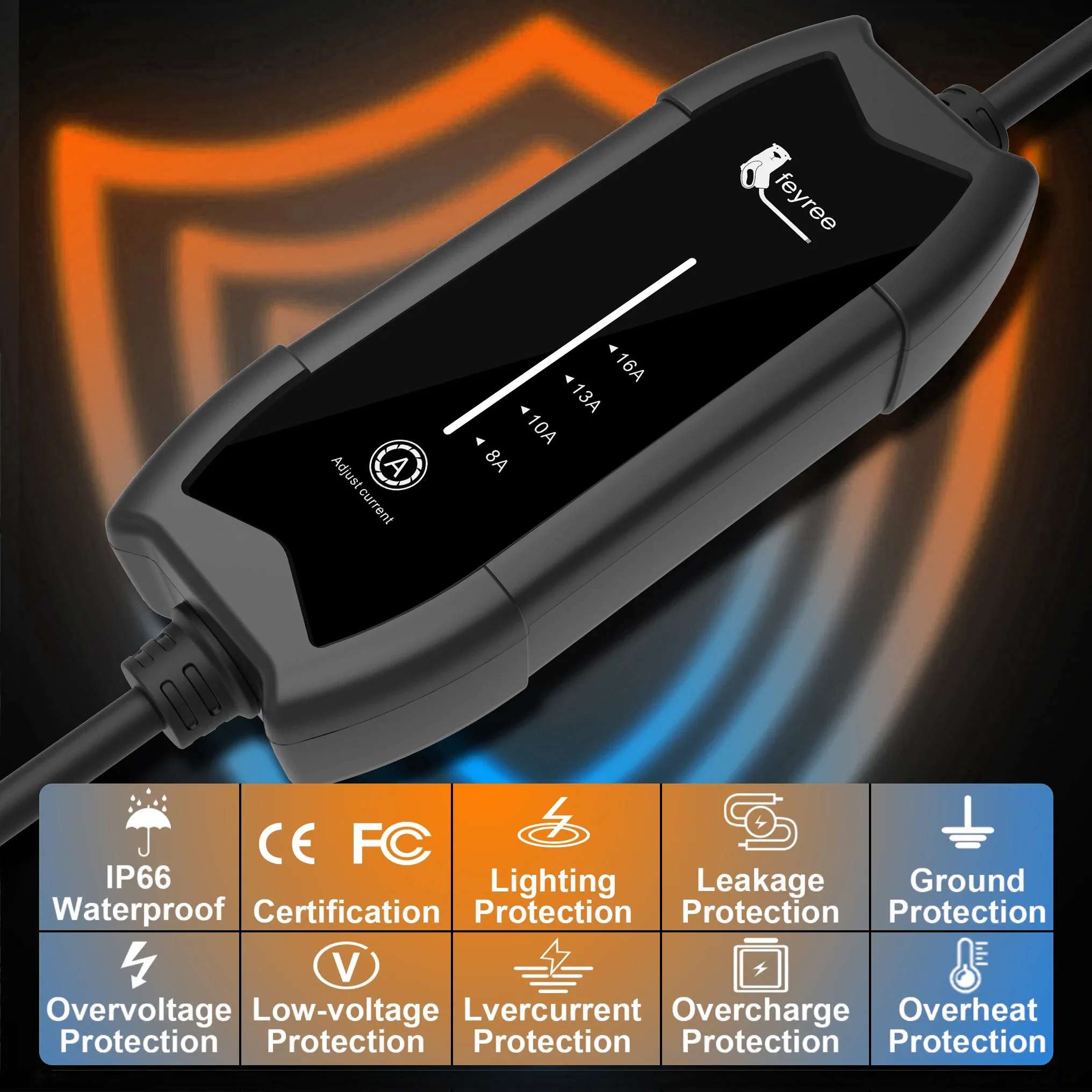 Feyree Type2 3.5KW 16A 1Phase EV Charger Portable Charging Box Current Adjustable 5m Cable Charging Station for Electric Vehicle