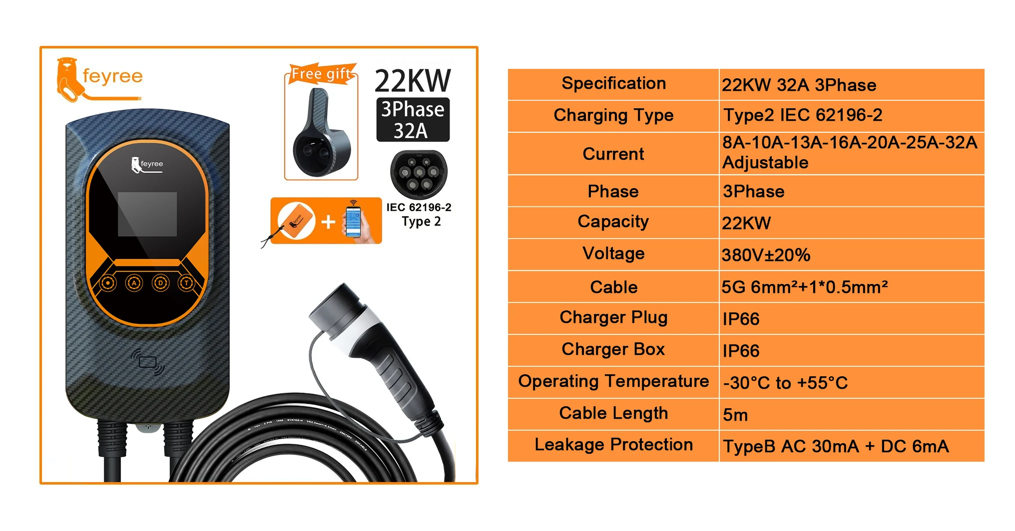 Feyree EV Charging Station 32A Electric Vehicle Car Charger EVSE Wallbox Wallmount 7.6/11/22KW Type2 Cable IEC62196 APP Control