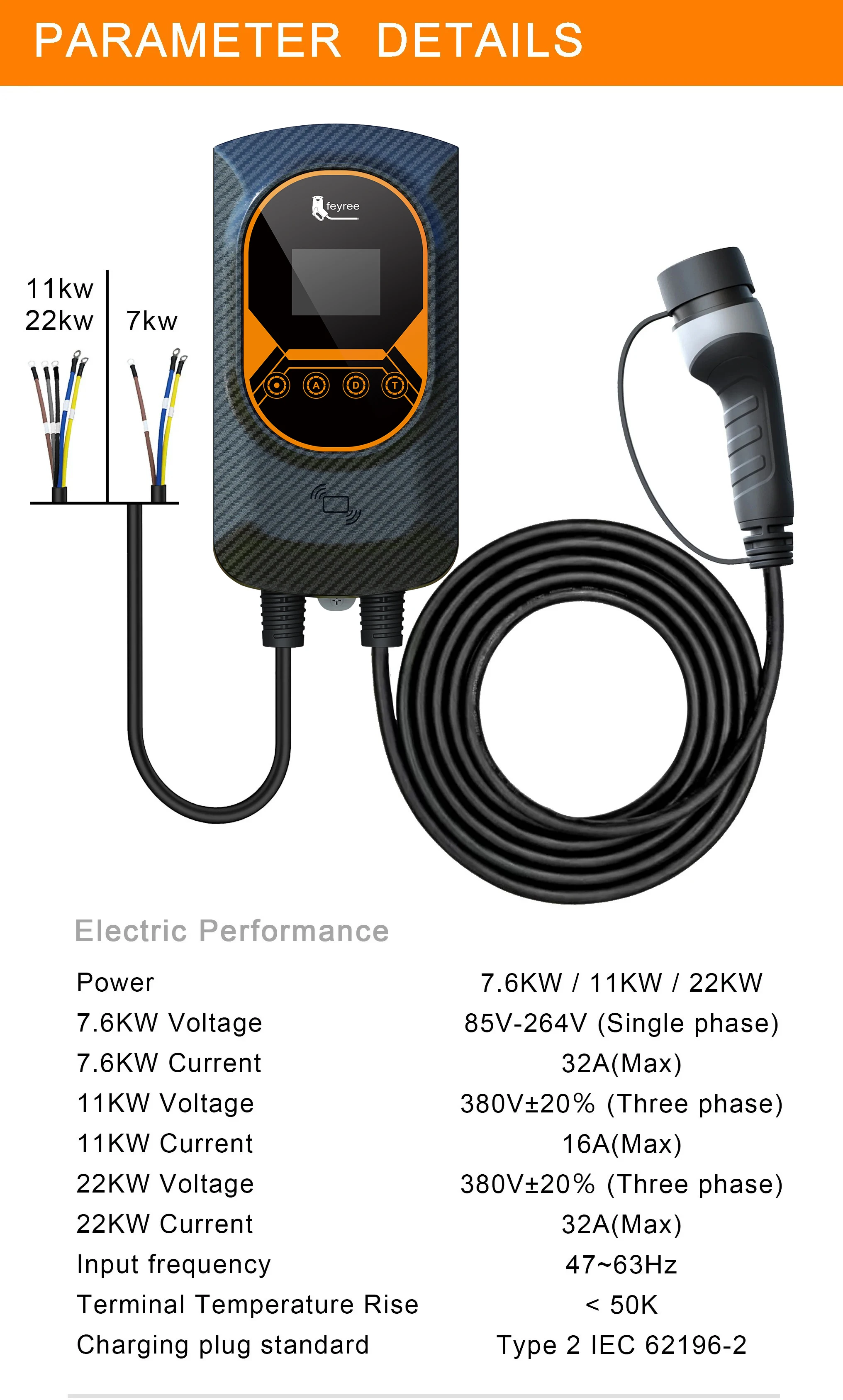 Feyree EV Charging Station 32A Electric Vehicle Car Charger EVSE Wallbox Wallmount 7.6/11/22KW Type2 Cable IEC62196 APP Control