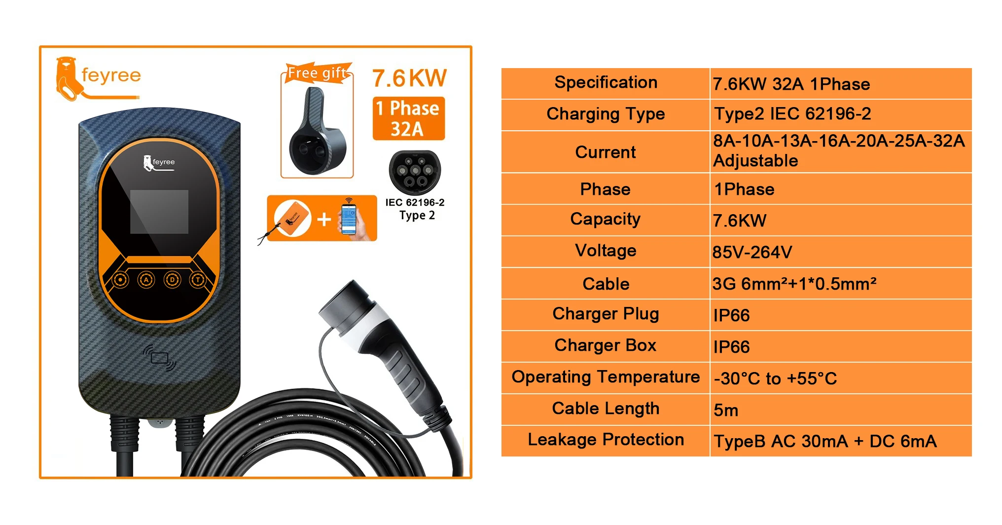 Feyree EV Charging Station 32A Electric Vehicle Car Charger EVSE Wallbox Wallmount 7.6/11/22KW Type2 Cable IEC62196 APP Control