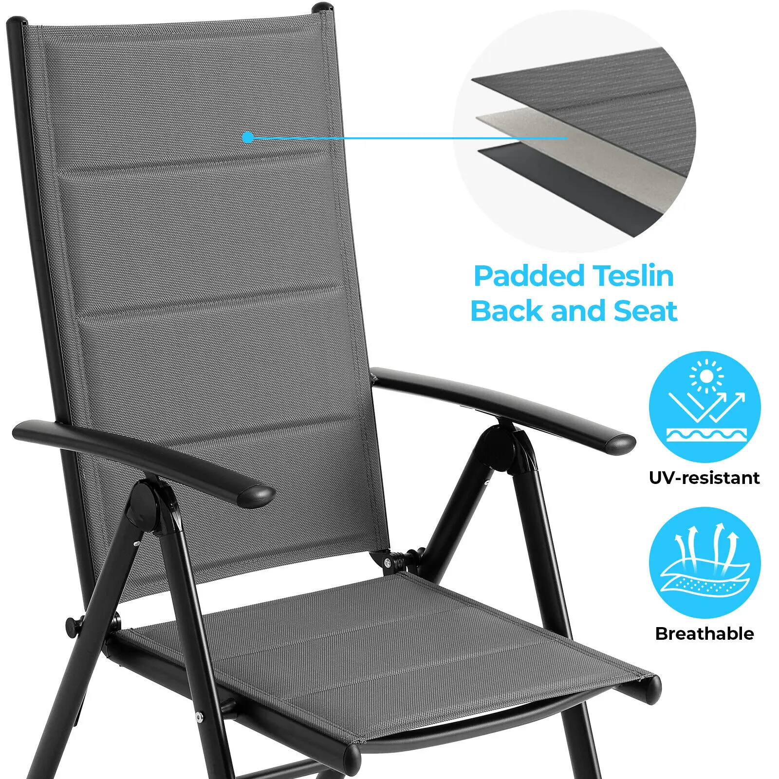 Aluminum Foldable Garden Chair, Lounge Backrest 7 Adjustable Settings, with Armrests, Weatherproof Outdoor Chairs Black,Gray