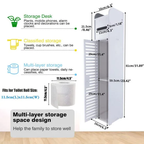 Bathroom Storage Cabinet 3 Tier Floor Cabinet Organizer with Door Free-Standing Toilet Roll Holder Narrow Toilet Storage Cabinet