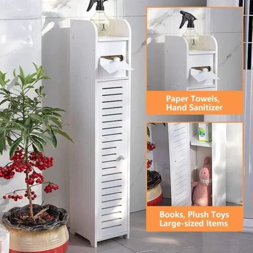Bathroom Storage Cabinet 3 Tier Floor Cabinet Organizer with Door Free-Standing Toilet Roll Holder Narrow Toilet Storage Cabinet