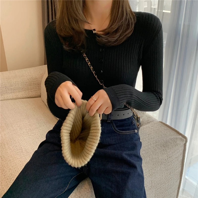 Knitted Women Sweater Button O-neck Pullovers Spring Autumn Basic Sweaters for Female Pullover Slim Solid Bold Stripes Tops
