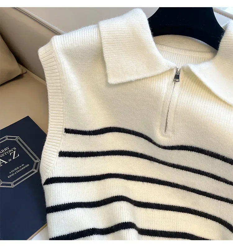 Retro lapel zipper stripe knitted waistcoat women Autumn Winter Korean fashion sleeveless sweaters casual simple pullover vest