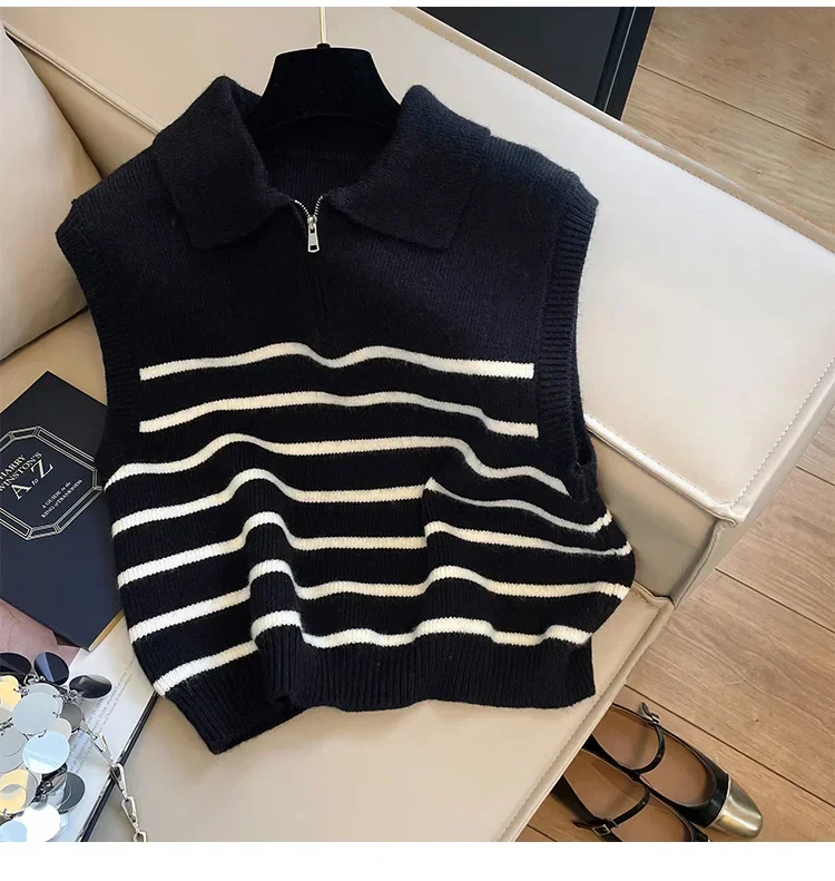Retro lapel zipper stripe knitted waistcoat women Autumn Winter Korean fashion sleeveless sweaters casual simple pullover vest