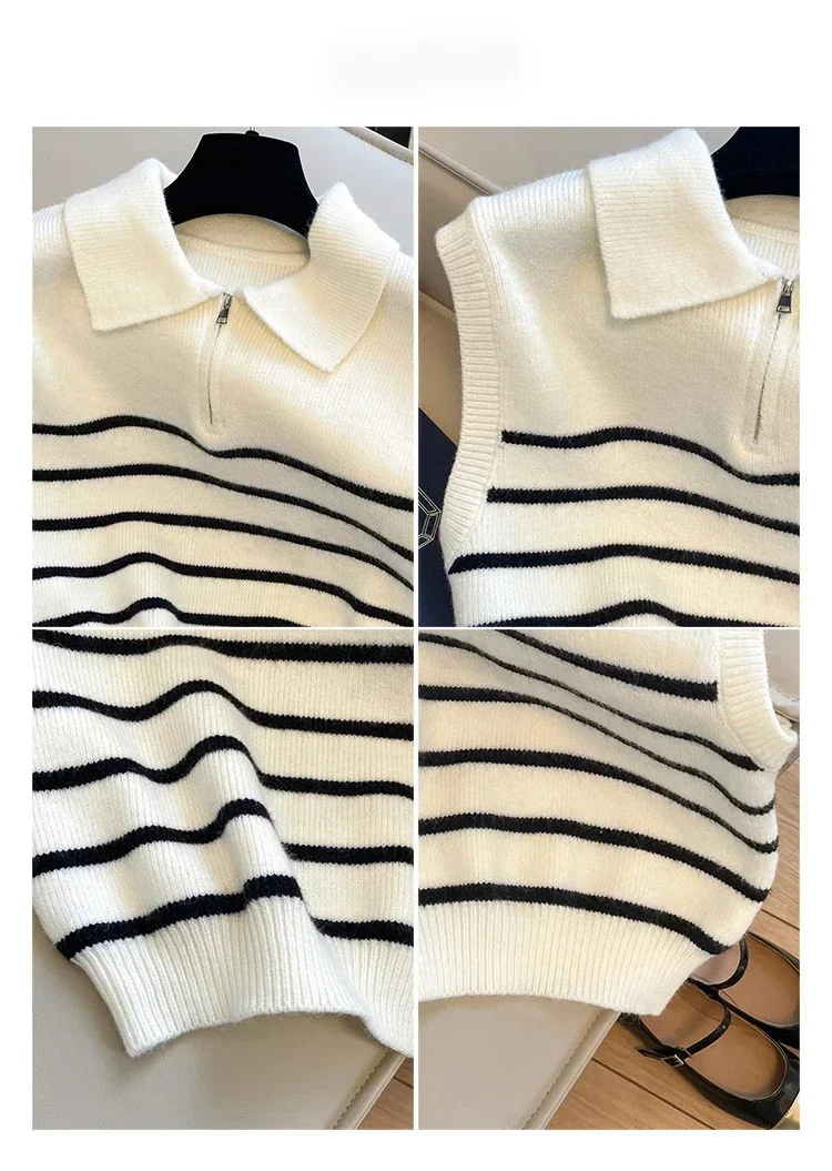 Retro lapel zipper stripe knitted waistcoat women Autumn Winter Korean fashion sleeveless sweaters casual simple pullover vest