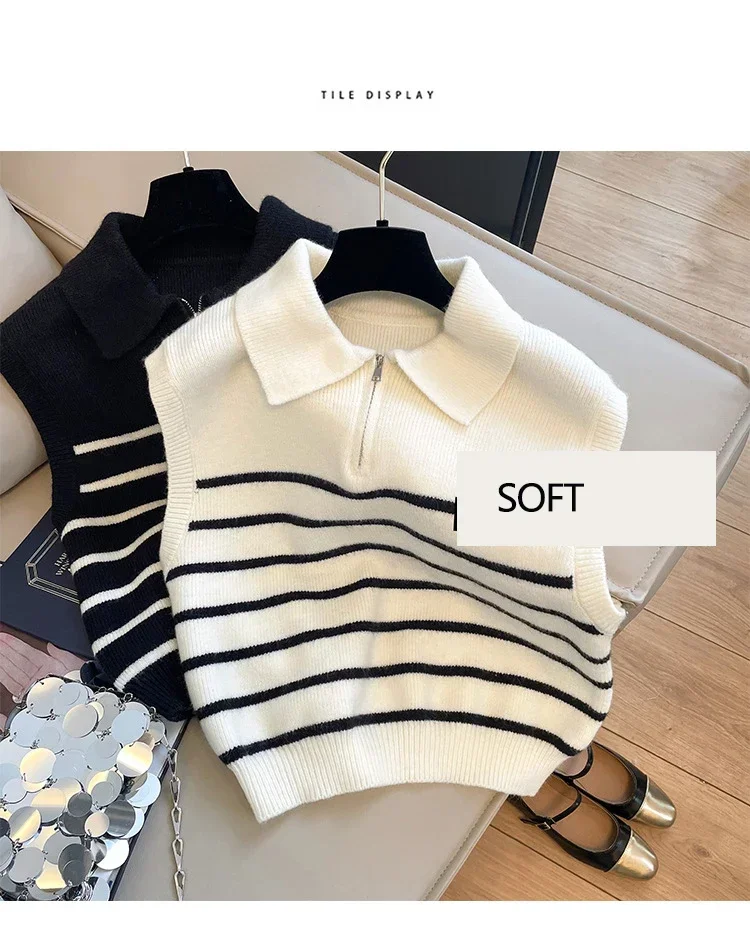 Retro lapel zipper stripe knitted waistcoat women Autumn Winter Korean fashion sleeveless sweaters casual simple pullover vest