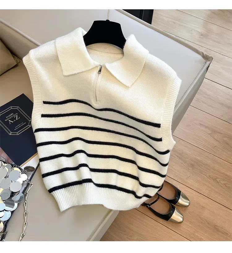 Retro lapel zipper stripe knitted waistcoat women Autumn Winter Korean fashion sleeveless sweaters casual simple pullover vest