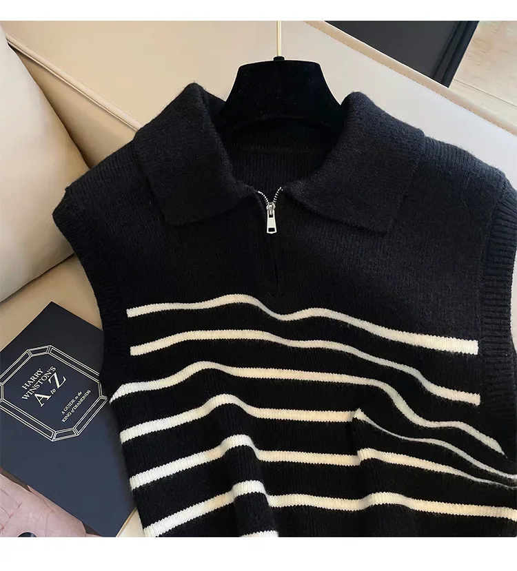 Retro lapel zipper stripe knitted waistcoat women Autumn Winter Korean fashion sleeveless sweaters casual simple pullover vest