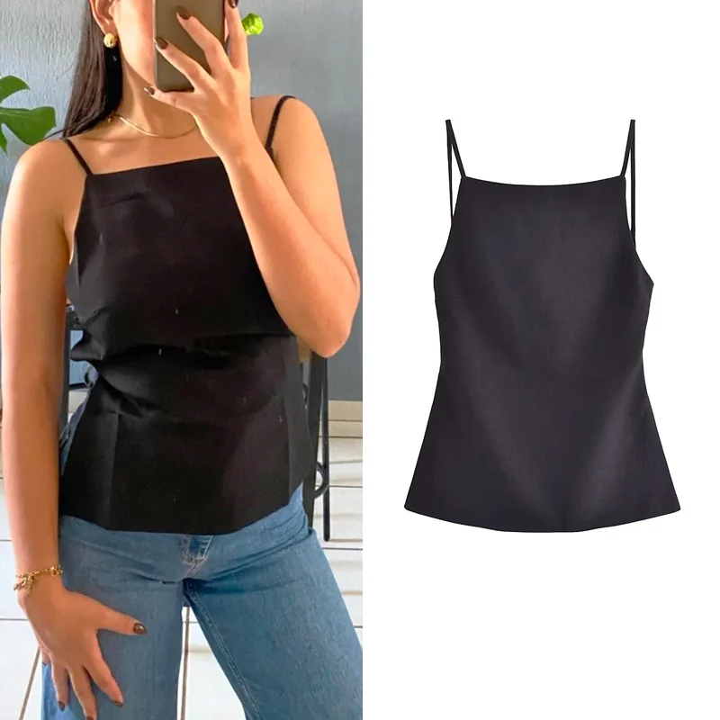 HXAO Sexy Women Slip Top Backless Lady Top 2024 Summer New Square Collar Camisole Solid Fashion Casual Chic Women Clothing