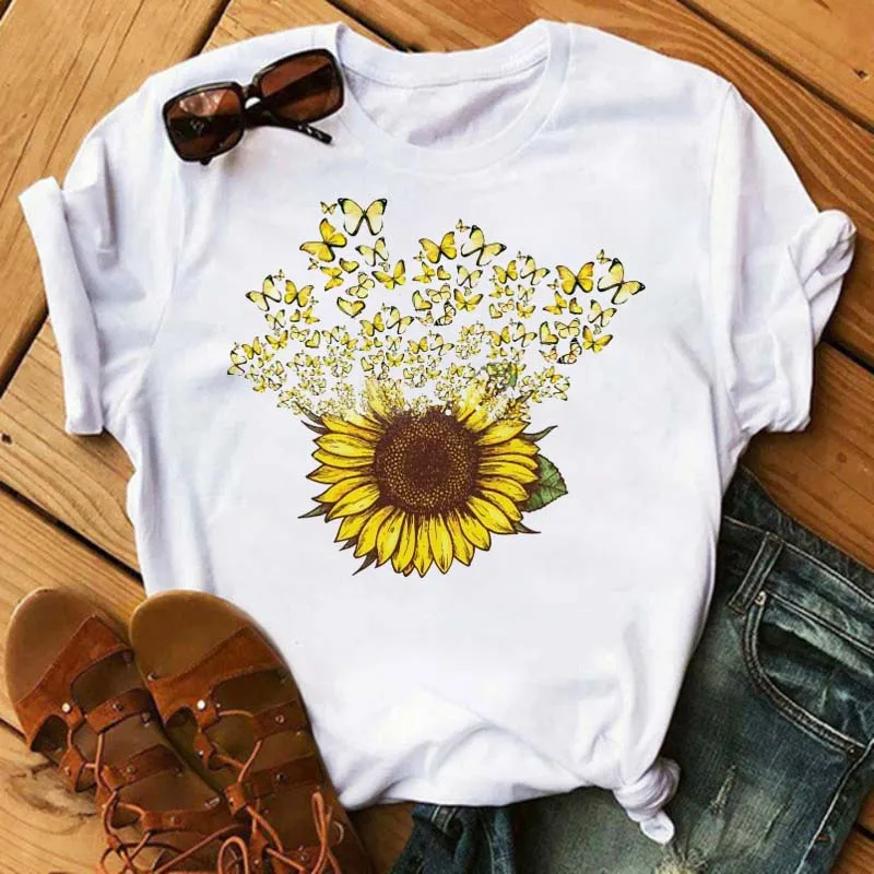 Maycaur Women's T-shirt Casual Kawaii Sunflower Butterfly Pattern Print Tshirt Comfortable Casual Women's Clothing Black Top