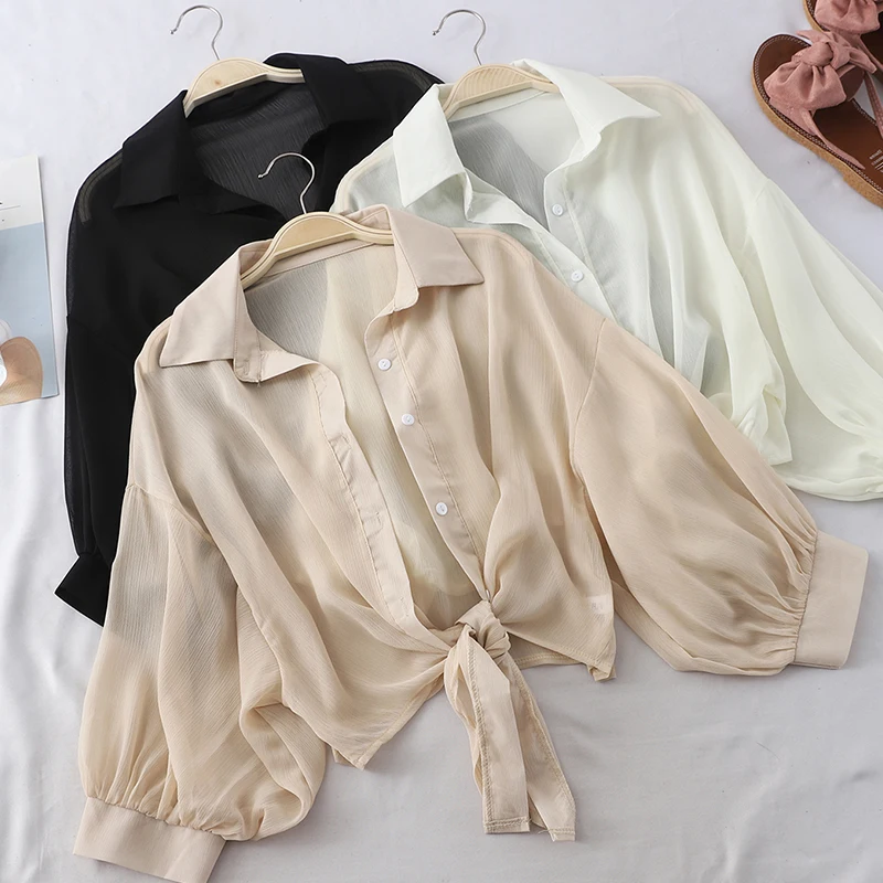 Casual Loose Hollow White Clothes Elegant Solid Color Tied Waist Blouse Women Summer Bat Half Sleeve Button Chiffon Shirt 9776