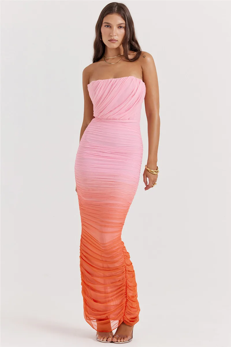 Mozision Gradient Strapless Backless Sexy Maxi Dress For Women Fashion Off-shoulder Sleeveless Bodycon Back Split Long Dress