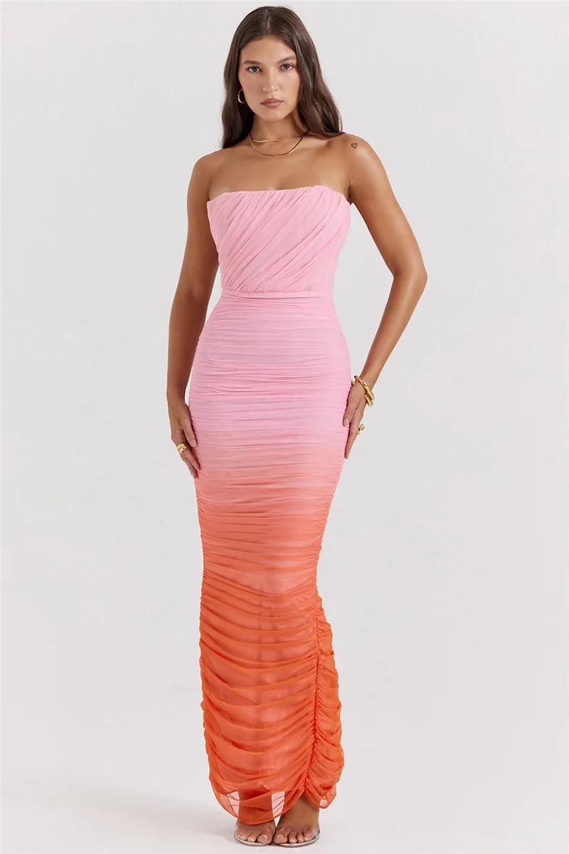 Mozision Gradient Strapless Backless Sexy Maxi Dress For Women Fashion Off-shoulder Sleeveless Bodycon Back Split Long Dress
