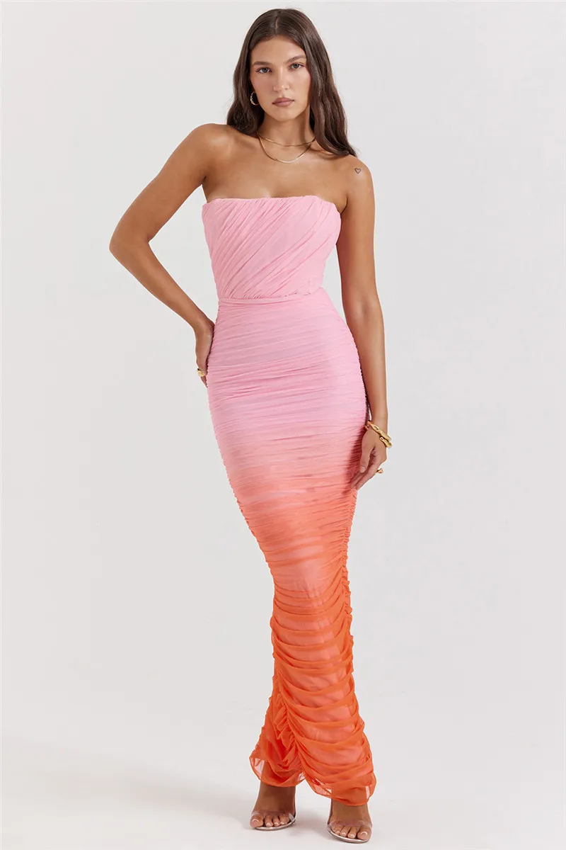 Mozision Gradient Strapless Backless Sexy Maxi Dress For Women Fashion Off-shoulder Sleeveless Bodycon Back Split Long Dress