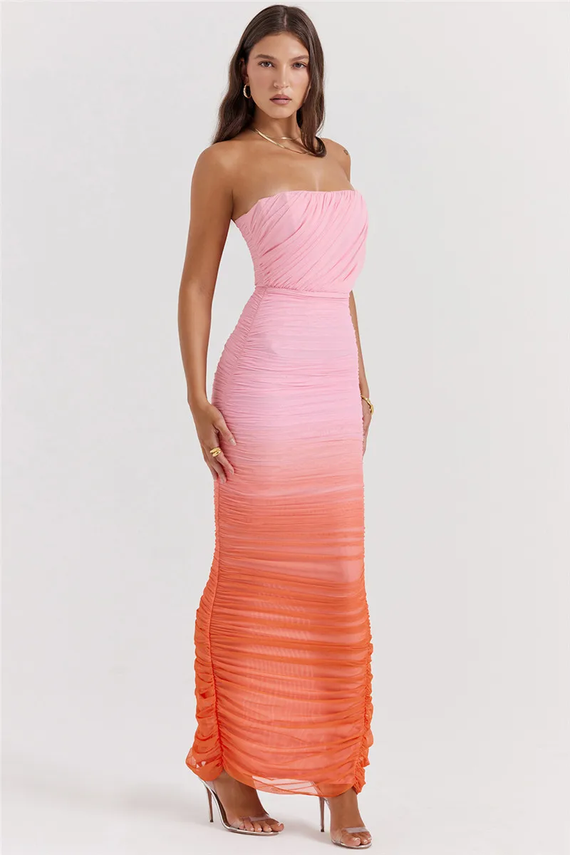 Mozision Gradient Strapless Backless Sexy Maxi Dress For Women Fashion Off-shoulder Sleeveless Bodycon Back Split Long Dress