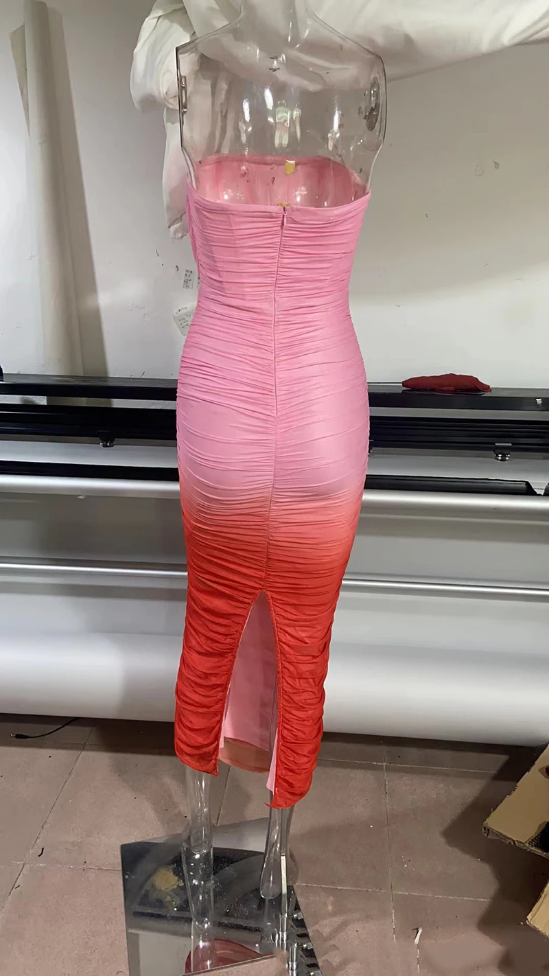 Mozision Gradient Strapless Backless Sexy Maxi Dress For Women Fashion Off-shoulder Sleeveless Bodycon Back Split Long Dress