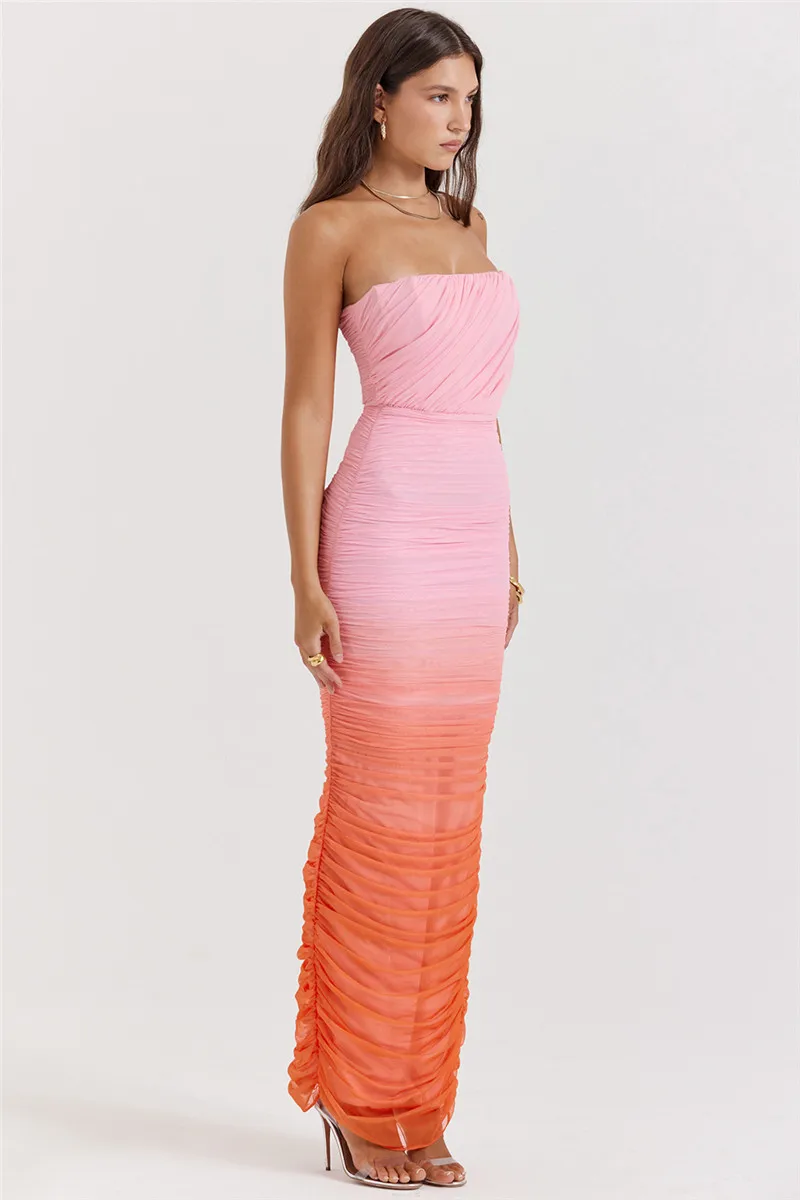 Mozision Gradient Strapless Backless Sexy Maxi Dress For Women Fashion Off-shoulder Sleeveless Bodycon Back Split Long Dress
