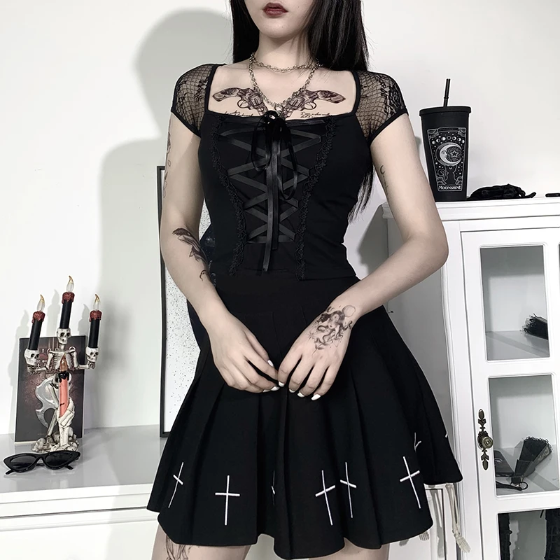 Vintage Tops Goth T-shirt Women Bodycon Bandage Lace Black T-shirts Gothic Streetwear Sexy Female Top Casual Mesh Tee