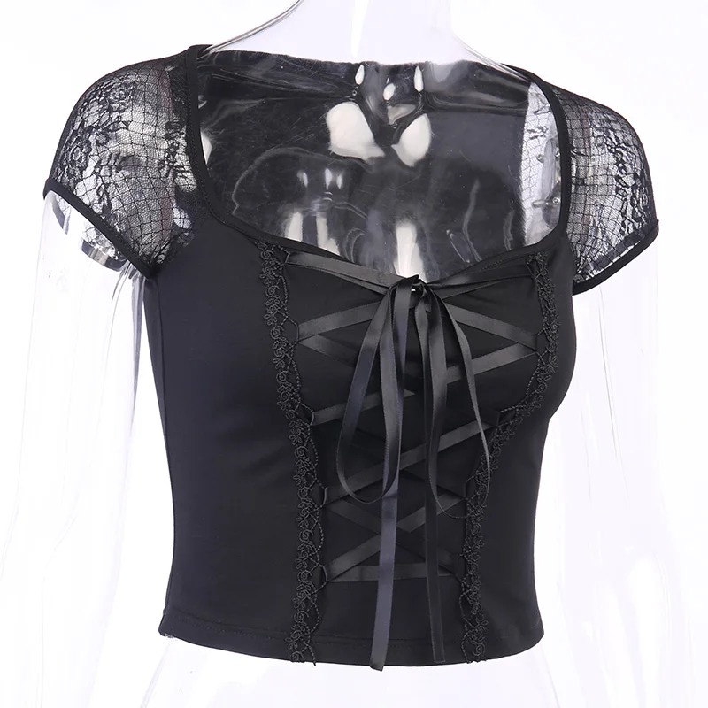 Vintage Tops Goth T-shirt Women Bodycon Bandage Lace Black T-shirts Gothic Streetwear Sexy Female Top Casual Mesh Tee
