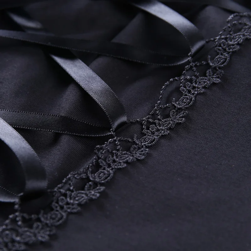 Vintage Tops Goth T-shirt Women Bodycon Bandage Lace Black T-shirts Gothic Streetwear Sexy Female Top Casual Mesh Tee
