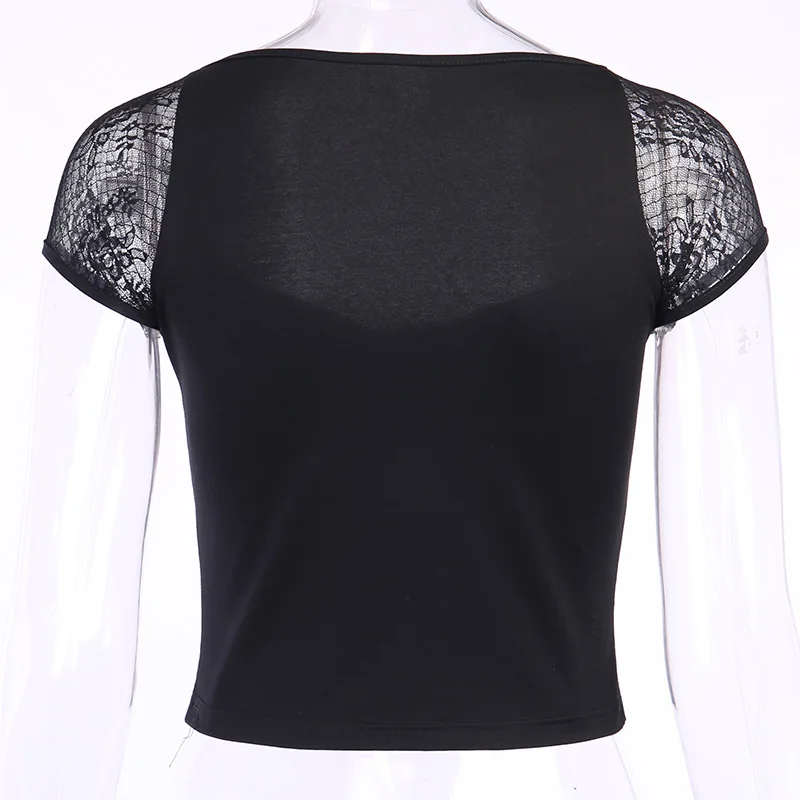 Vintage Tops Goth T-shirt Women Bodycon Bandage Lace Black T-shirts Gothic Streetwear Sexy Female Top Casual Mesh Tee