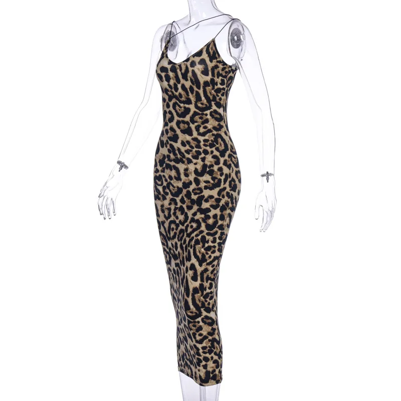 leopard print sleeveless V-neck sexy midi dress spring women fashion streetwear Christmas party outfits