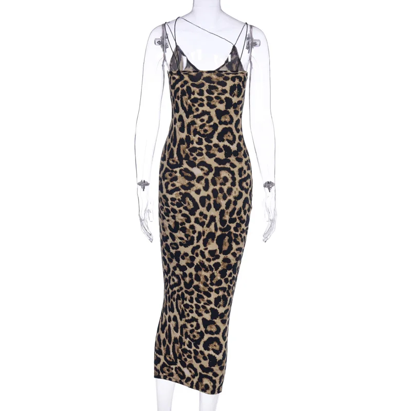 leopard print sleeveless V-neck sexy midi dress spring women fashion streetwear Christmas party outfits