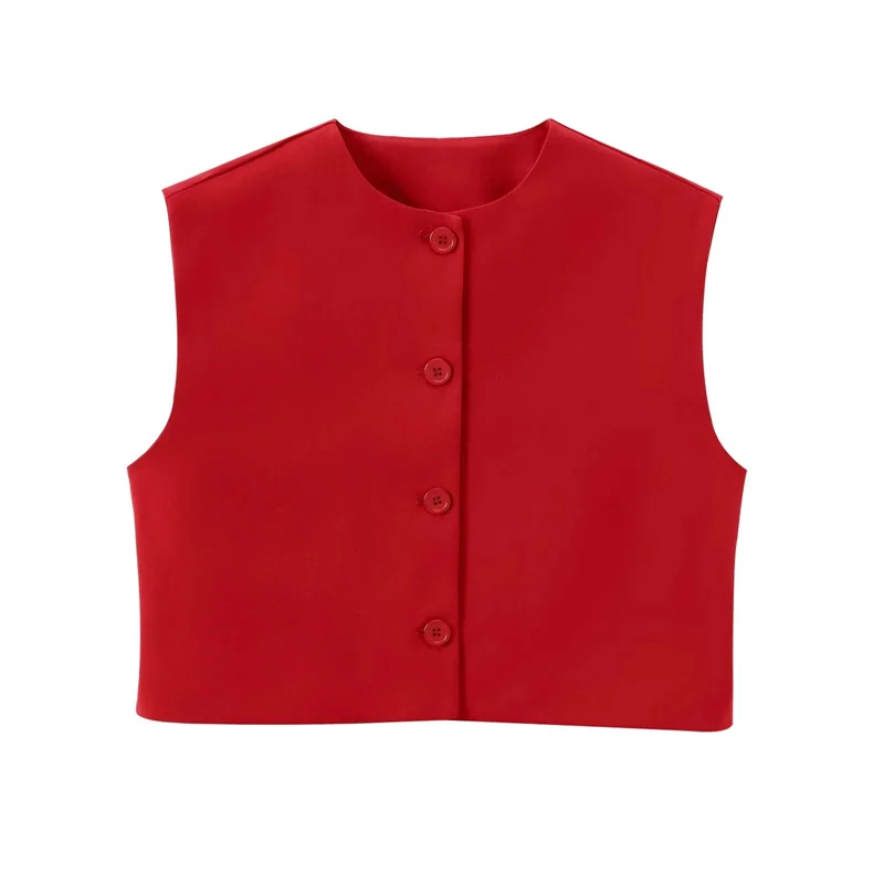 MUJER Red Sleeveless Vest Woman Button Black White Cropped Vest Women Summer Casual Short Coats Waistcoat Women's Fashion Vests