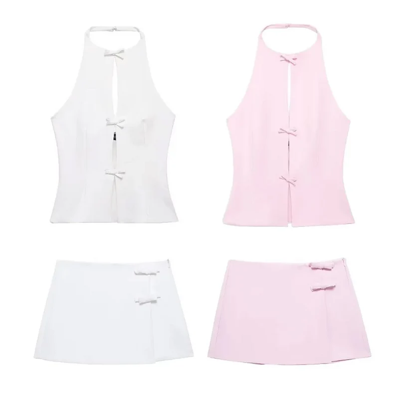 HXAO Bow Two Piece Set Backless Halter Women Top And Mid Waist Lady Skirt New In 2024 Summer Fashion Casual Office Lady Set