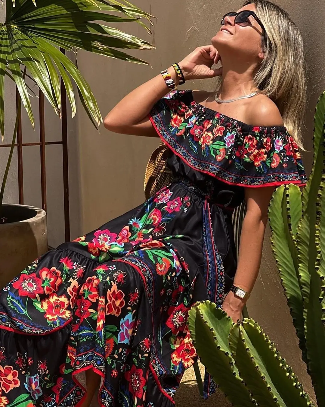 2024 Spring Summer Women's New Sexy One Shoulder Off Shoulder Fashion Red Flower Printed Lace Up Waist Long Swing Dress