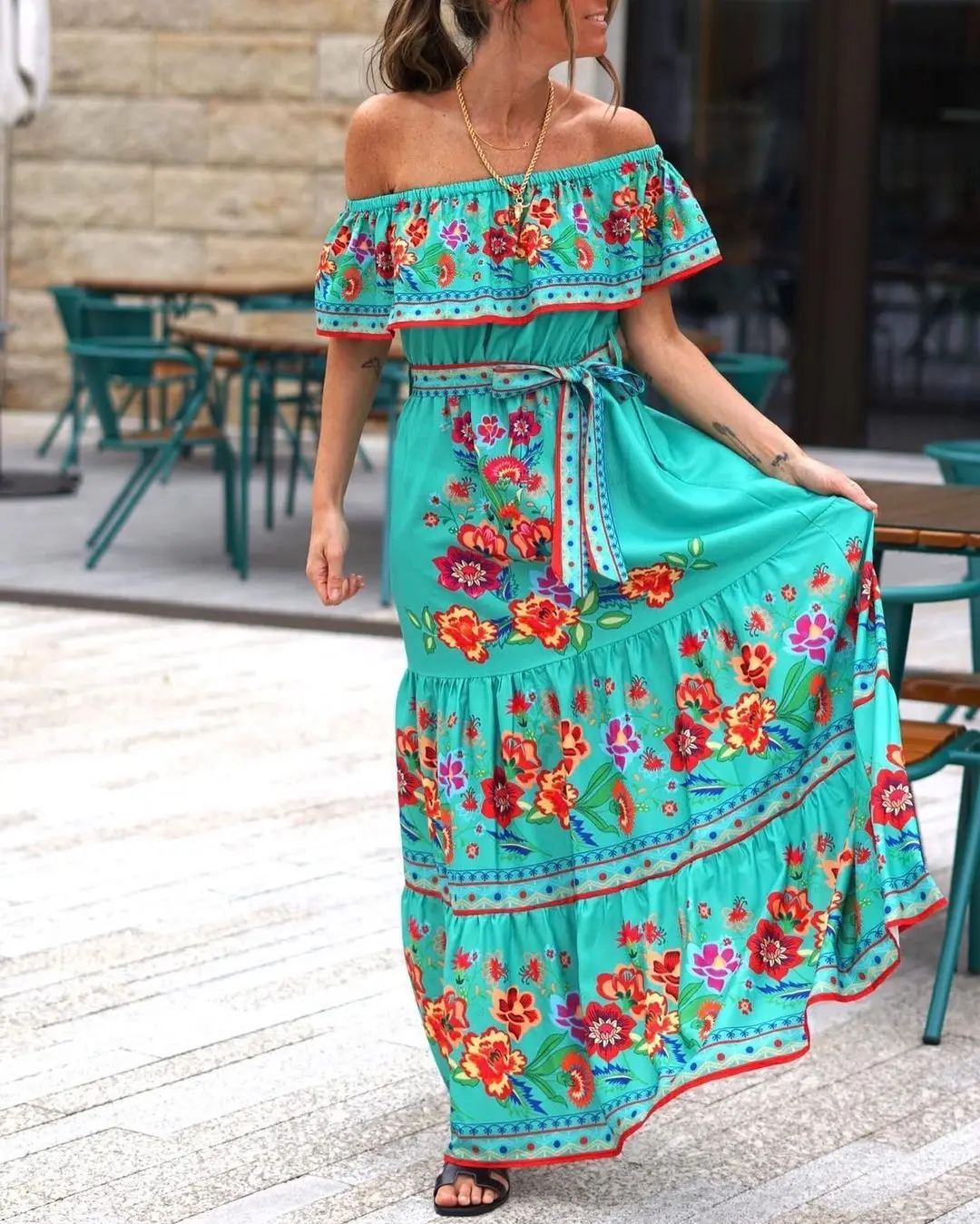 2024 Spring Summer Women's New Sexy One Shoulder Off Shoulder Fashion Red Flower Printed Lace Up Waist Long Swing Dress