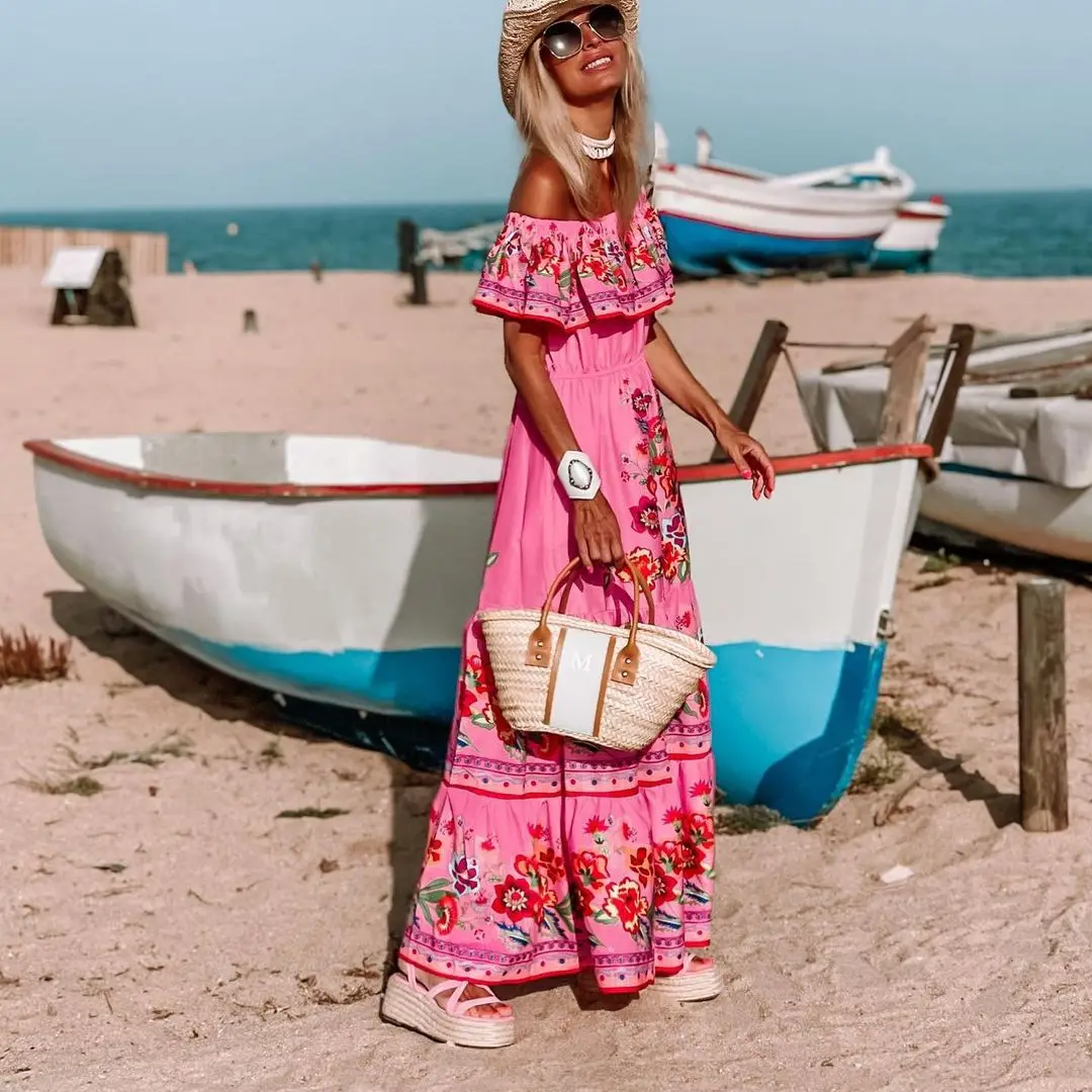 2024 Spring Summer Women's New Sexy One Shoulder Off Shoulder Fashion Red Flower Printed Lace Up Waist Long Swing Dress
