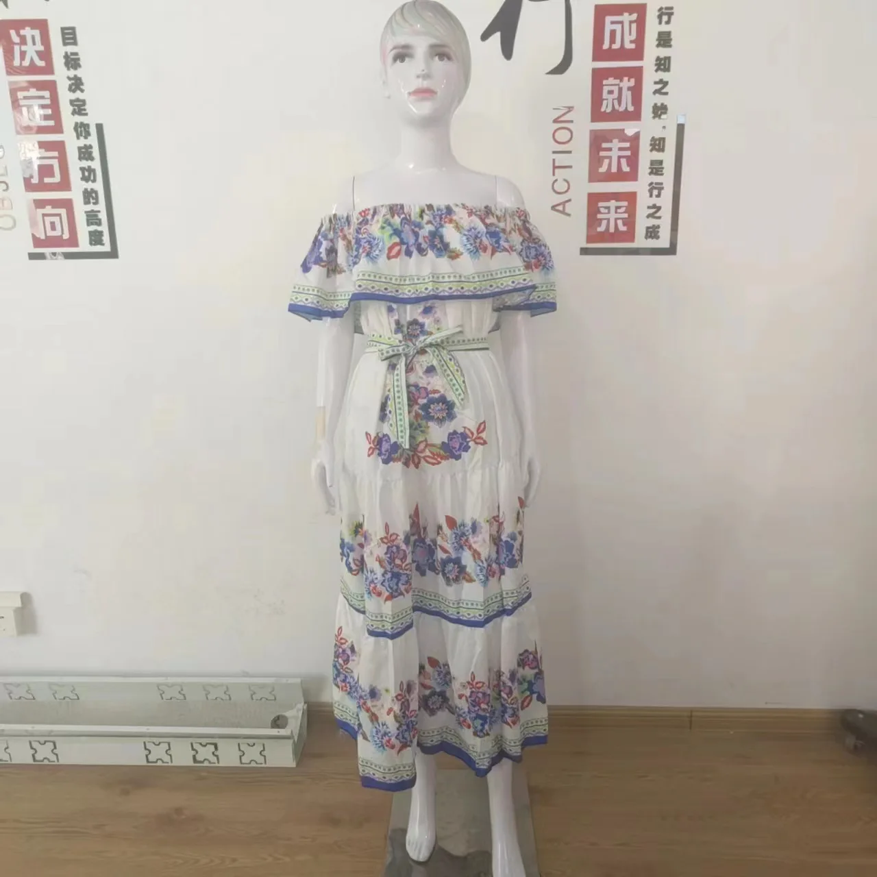 2024 Spring Summer Women's New Sexy One Shoulder Off Shoulder Fashion Red Flower Printed Lace Up Waist Long Swing Dress