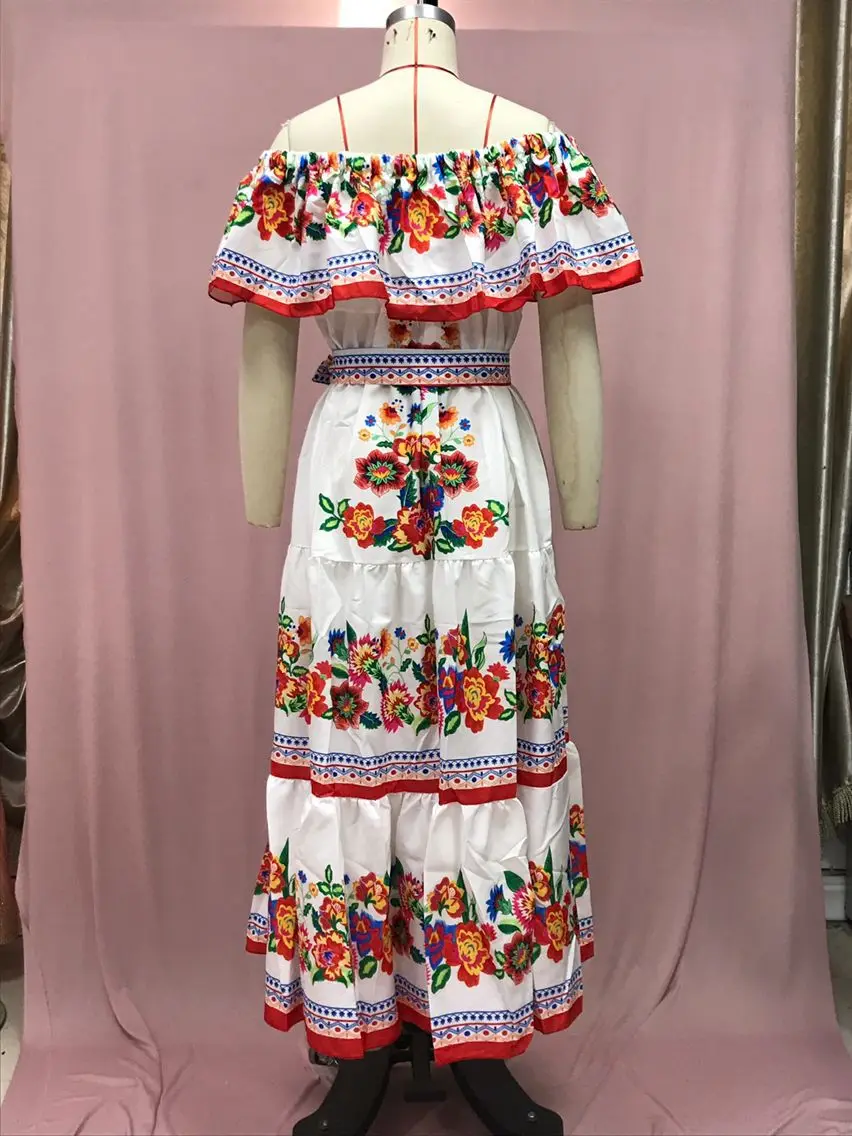 2024 Spring Summer Women's New Sexy One Shoulder Off Shoulder Fashion Red Flower Printed Lace Up Waist Long Swing Dress