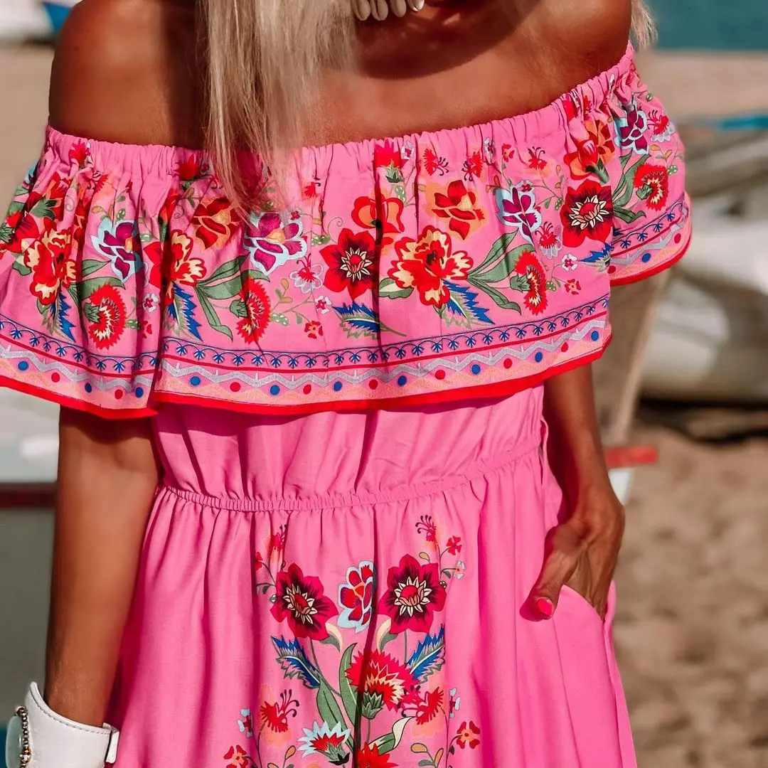 2024 Spring Summer Women's New Sexy One Shoulder Off Shoulder Fashion Red Flower Printed Lace Up Waist Long Swing Dress