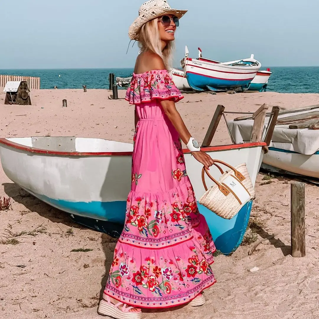 2024 Spring Summer Women's New Sexy One Shoulder Off Shoulder Fashion Red Flower Printed Lace Up Waist Long Swing Dress