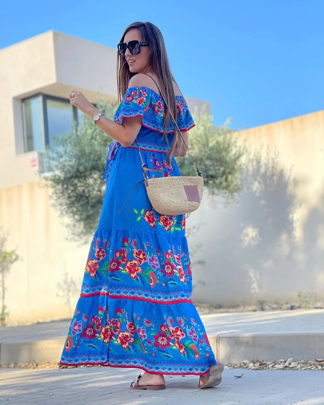 2024 Spring Summer Women's New Sexy One Shoulder Off Shoulder Fashion Red Flower Printed Lace Up Waist Long Swing Dress