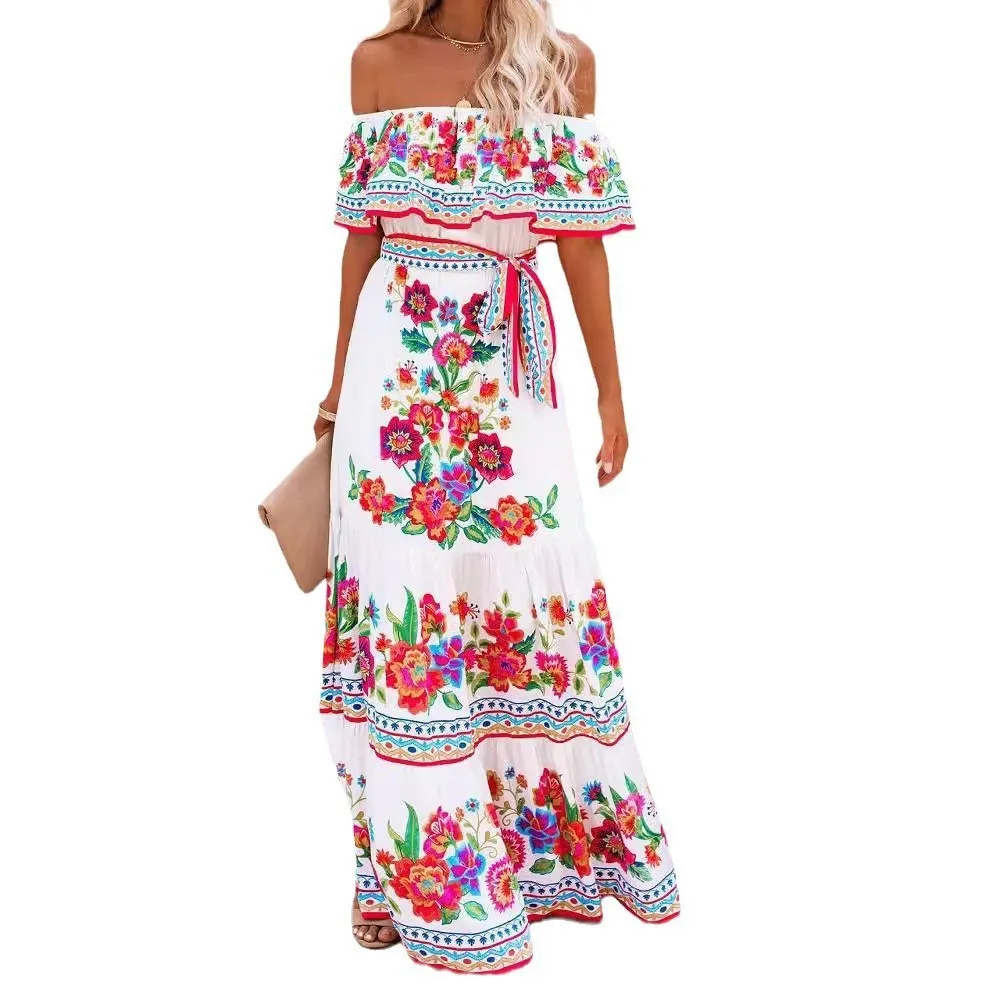 2024 Spring Summer Women's New Sexy One Shoulder Off Shoulder Fashion Red Flower Printed Lace Up Waist Long Swing Dress